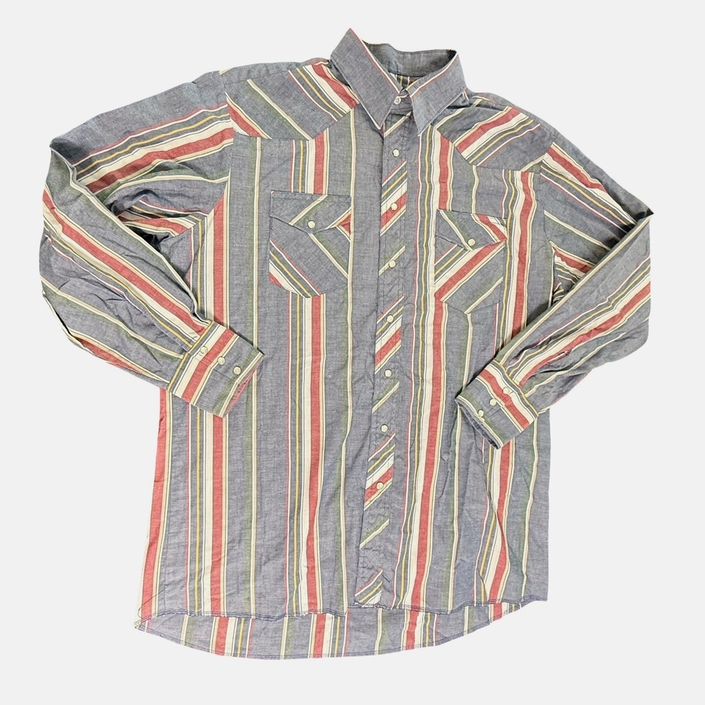 Wrangler Western Shirt Mens XL Vintage Blue Multi Stripe Pearl Snap Cowboy Faded